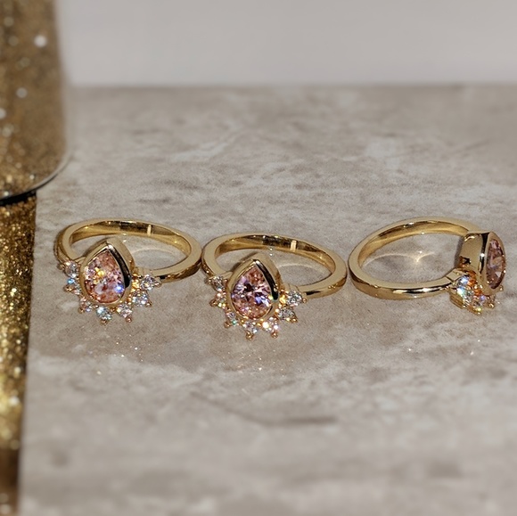 14k Pink Champagne Pear Teardrop, Sunburst Ring - Picture 3 of 5